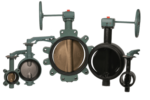Group of industrial butterfly valves with various colored lever handles